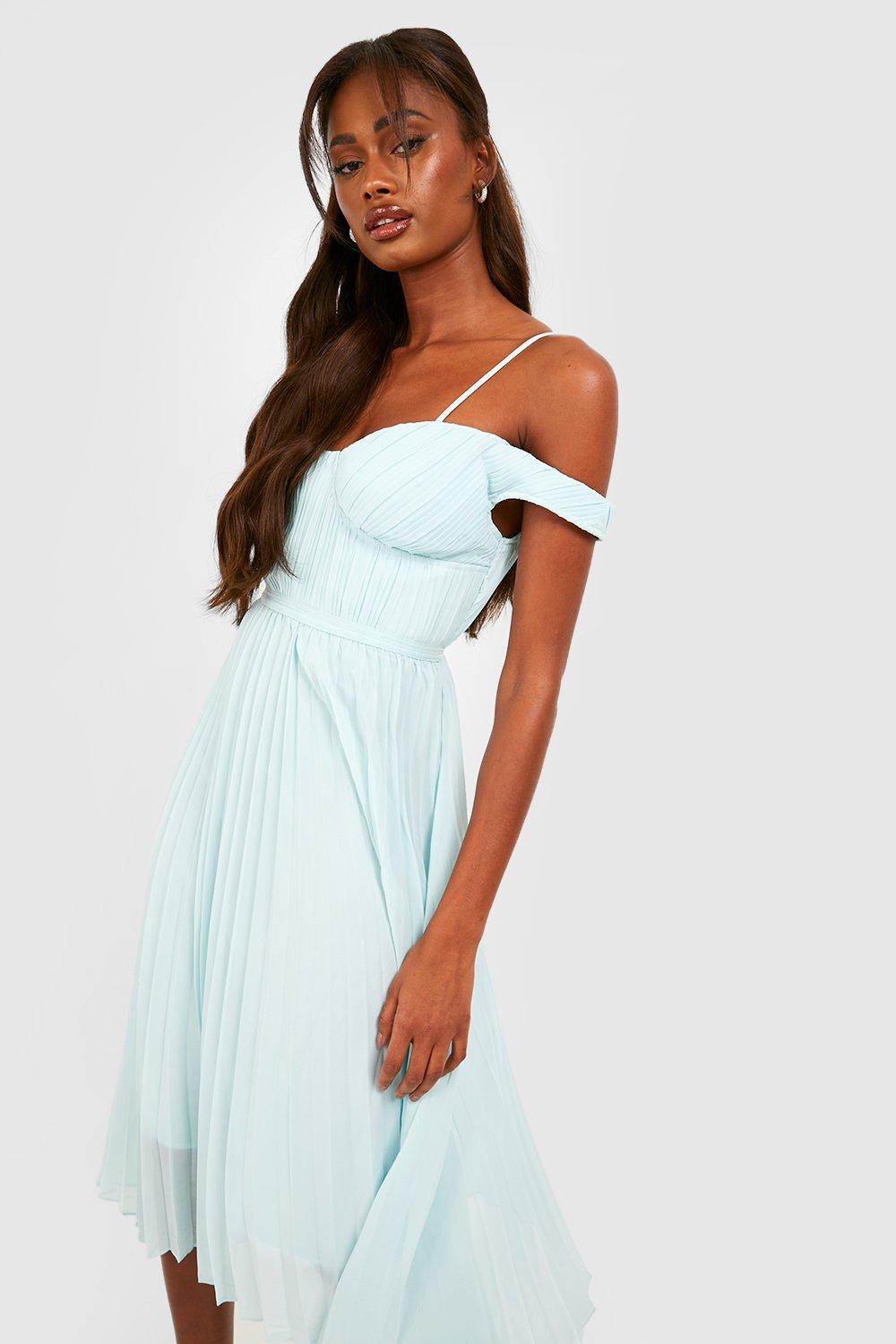 Pleated Cold Shoulder Midi Dress boohoo UK